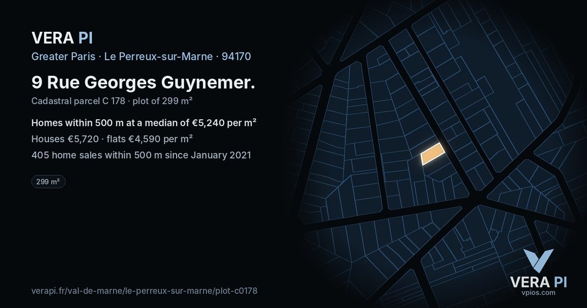 9 Rue Georges Guynemer, Le Perreux-sur-Marne at night – the plot lit, the parcels around coloured by the prices near them