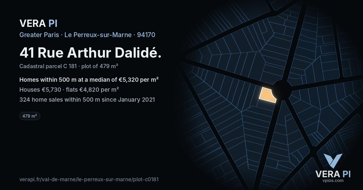 41 Rue Arthur Dalidé, Le Perreux-sur-Marne at night – the plot lit, the parcels around coloured by the prices near them