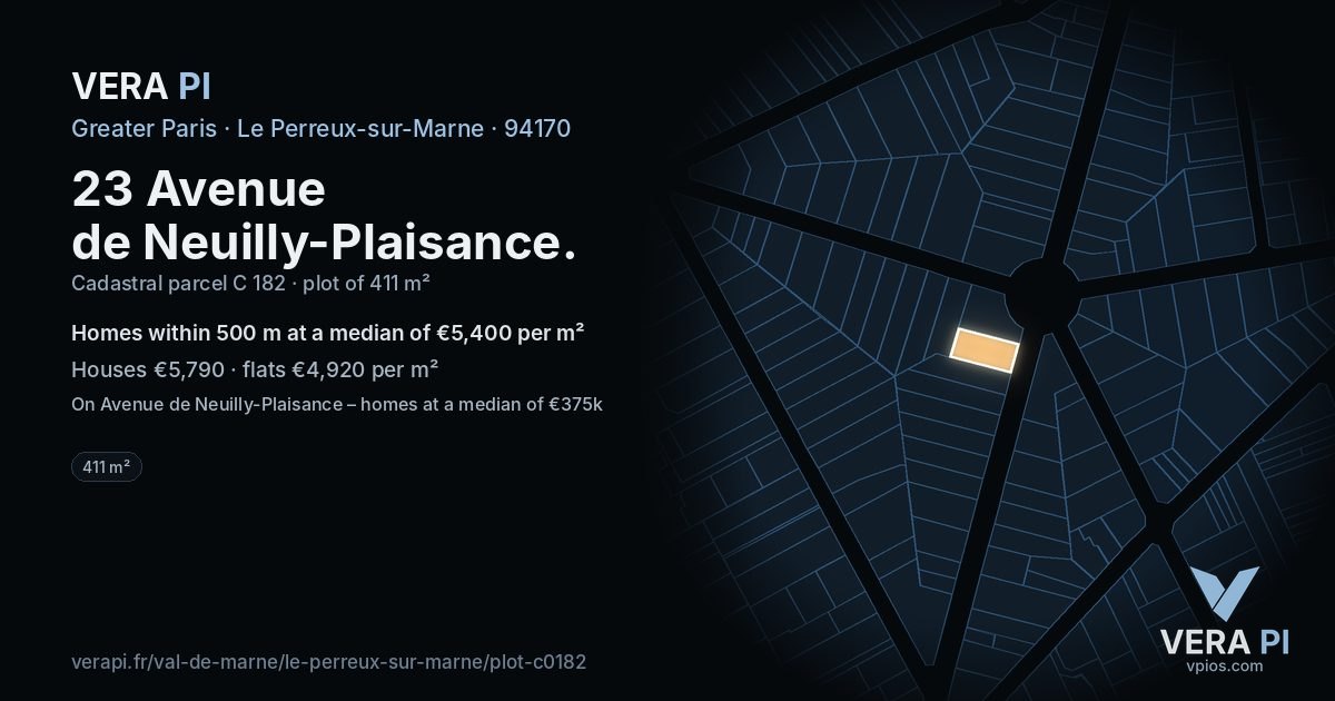 23 Avenue de Neuilly-Plaisance, Le Perreux-sur-Marne at night – the plot lit, the parcels around coloured by the prices near them