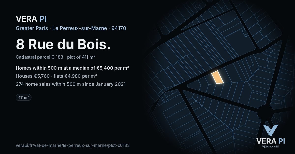 8 Rue du Bois, Le Perreux-sur-Marne at night – the plot lit, the parcels around coloured by the prices near them