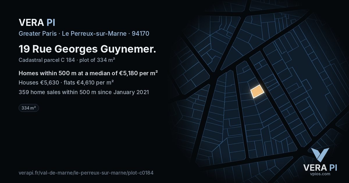 19 Rue Georges Guynemer, Le Perreux-sur-Marne at night – the plot lit, the parcels around coloured by the prices near them