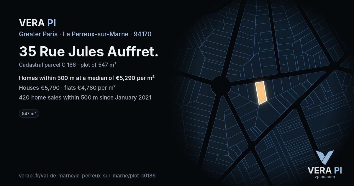 35 Rue Jules Auffret, Le Perreux-sur-Marne at night – the plot lit, the parcels around coloured by the prices near them