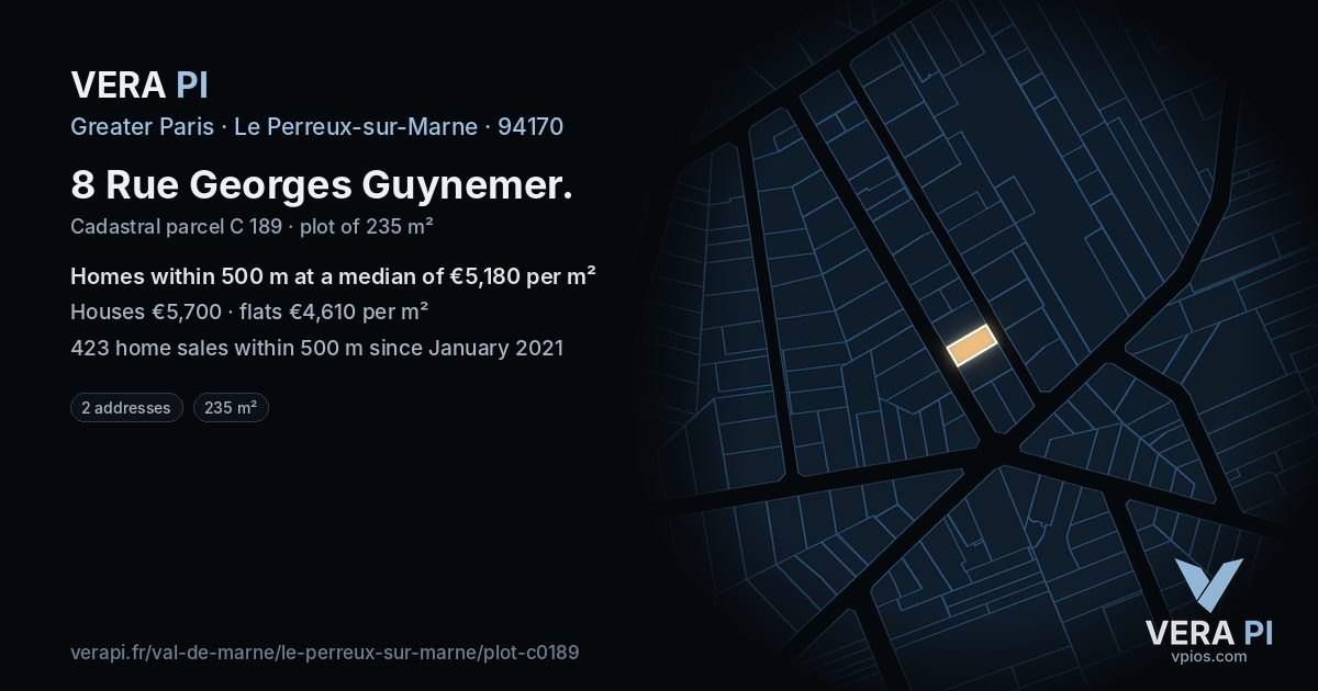 8 Rue Georges Guynemer, Le Perreux-sur-Marne at night – the plot lit, the parcels around coloured by the prices near them