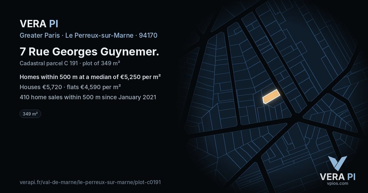 7 Rue Georges Guynemer, Le Perreux-sur-Marne at night – the plot lit, the parcels around coloured by the prices near them