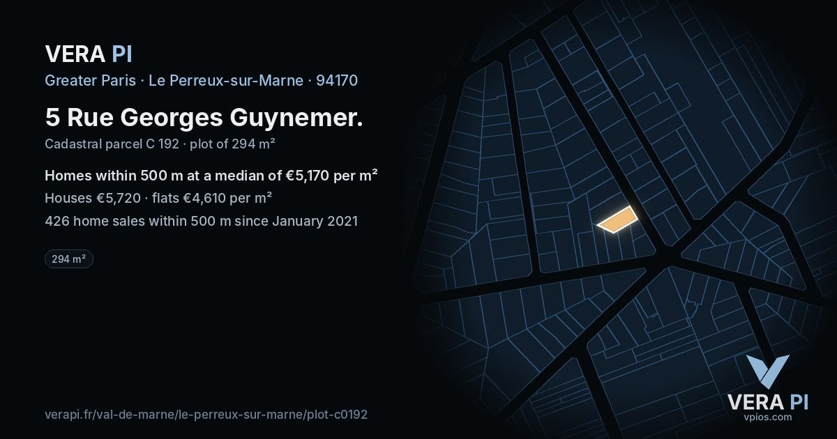 5 Rue Georges Guynemer, Le Perreux-sur-Marne at night – the plot lit, the parcels around coloured by the prices near them