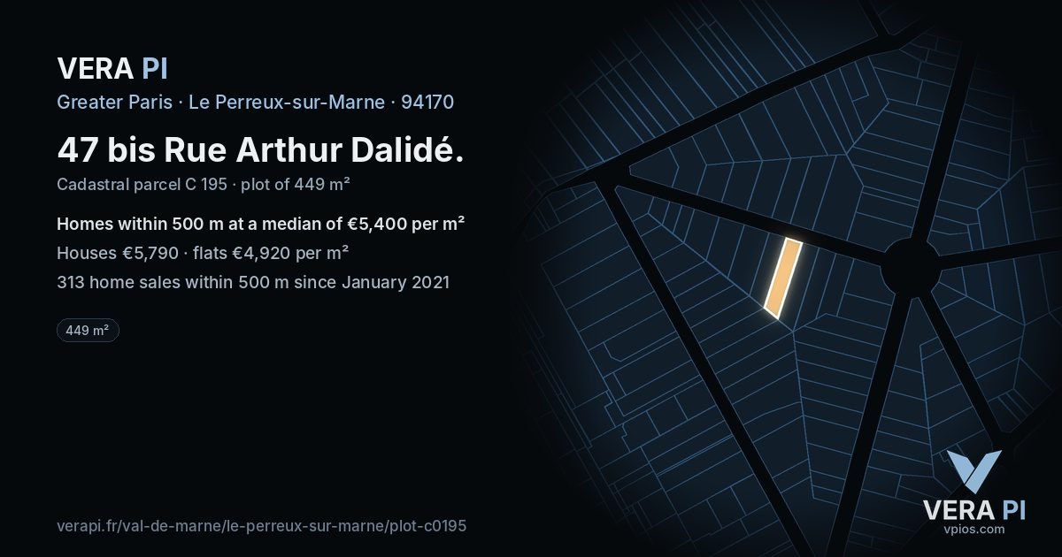 47 bis Rue Arthur Dalidé, Le Perreux-sur-Marne at night – the plot lit, the parcels around coloured by the prices near them