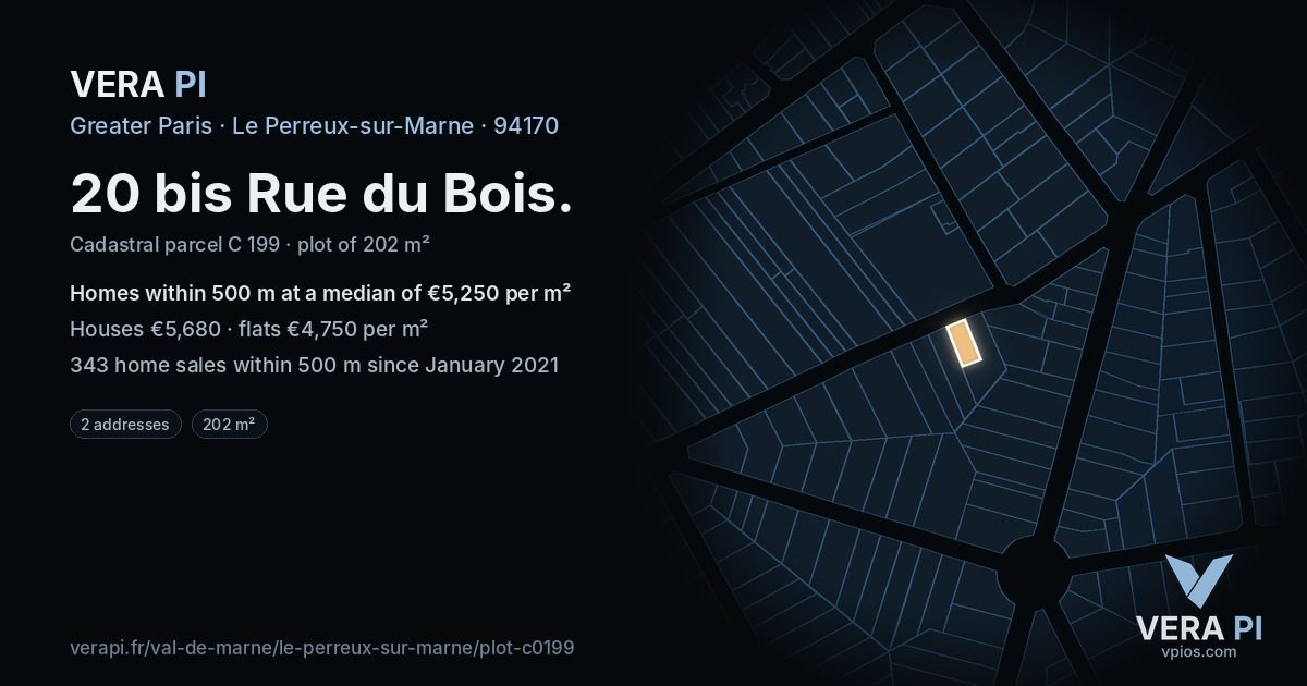 20 bis Rue du Bois, Le Perreux-sur-Marne at night – the plot lit, the parcels around coloured by the prices near them