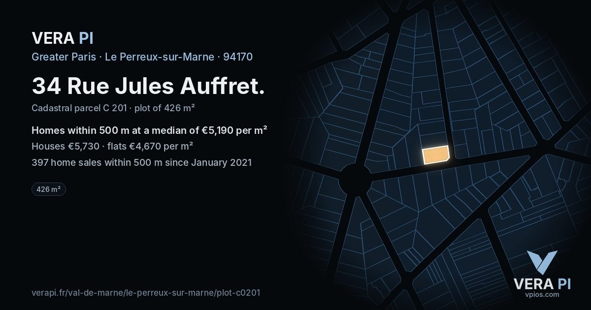 34 Rue Jules Auffret, Le Perreux-sur-Marne at night – the plot lit, the parcels around coloured by the prices near them