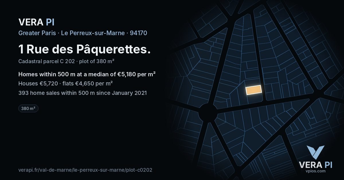 1 Rue des Pâquerettes, Le Perreux-sur-Marne at night – the plot lit, the parcels around coloured by the prices near them