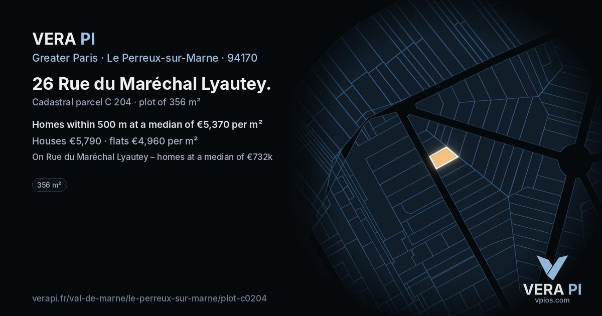 26 Rue du Maréchal Lyautey, Le Perreux-sur-Marne at night – the plot lit, the parcels around coloured by the prices near them