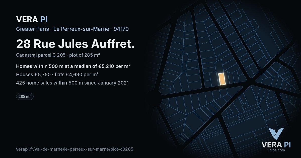 28 Rue Jules Auffret, Le Perreux-sur-Marne at night – the plot lit, the parcels around coloured by the prices near them