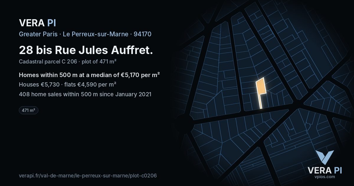 28 bis Rue Jules Auffret, Le Perreux-sur-Marne at night – the plot lit, the parcels around coloured by the prices near them