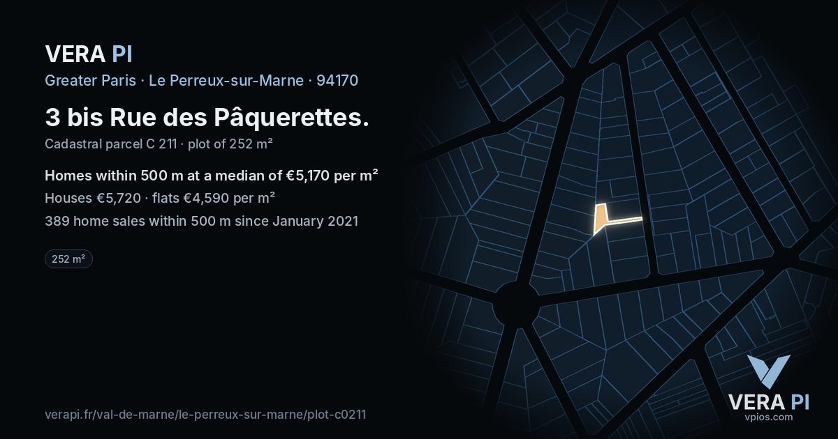 3 bis Rue des Pâquerettes, Le Perreux-sur-Marne at night – the plot lit, the parcels around coloured by the prices near them