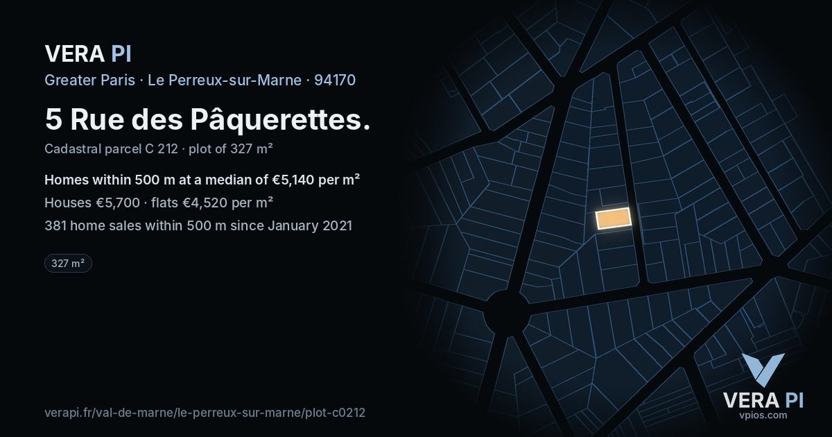 5 Rue des Pâquerettes, Le Perreux-sur-Marne at night – the plot lit, the parcels around coloured by the prices near them