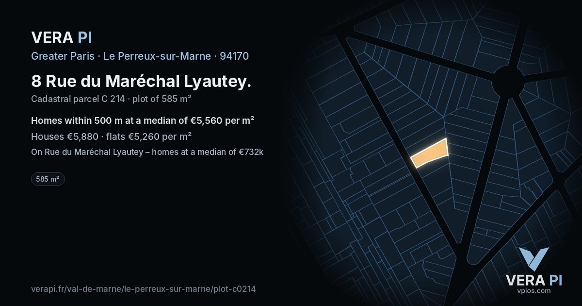 8 Rue du Maréchal Lyautey, Le Perreux-sur-Marne at night – the plot lit, the parcels around coloured by the prices near them