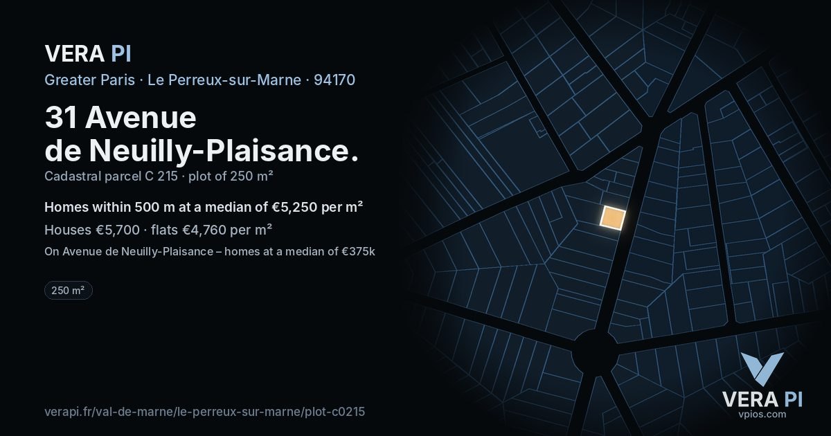 31 Avenue de Neuilly-Plaisance, Le Perreux-sur-Marne at night – the plot lit, the parcels around coloured by the prices near them