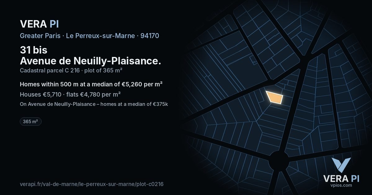 31 bis Avenue de Neuilly-Plaisance, Le Perreux-sur-Marne at night – the plot lit, the parcels around coloured by the prices near them