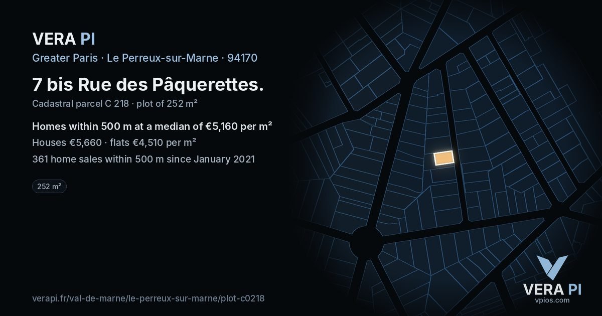 7 bis Rue des Pâquerettes, Le Perreux-sur-Marne at night – the plot lit, the parcels around coloured by the prices near them