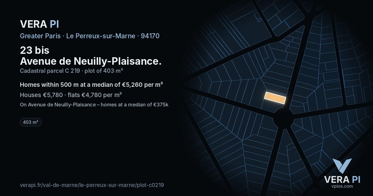 23 bis Avenue de Neuilly-Plaisance, Le Perreux-sur-Marne at night – the plot lit, the parcels around coloured by the prices near them