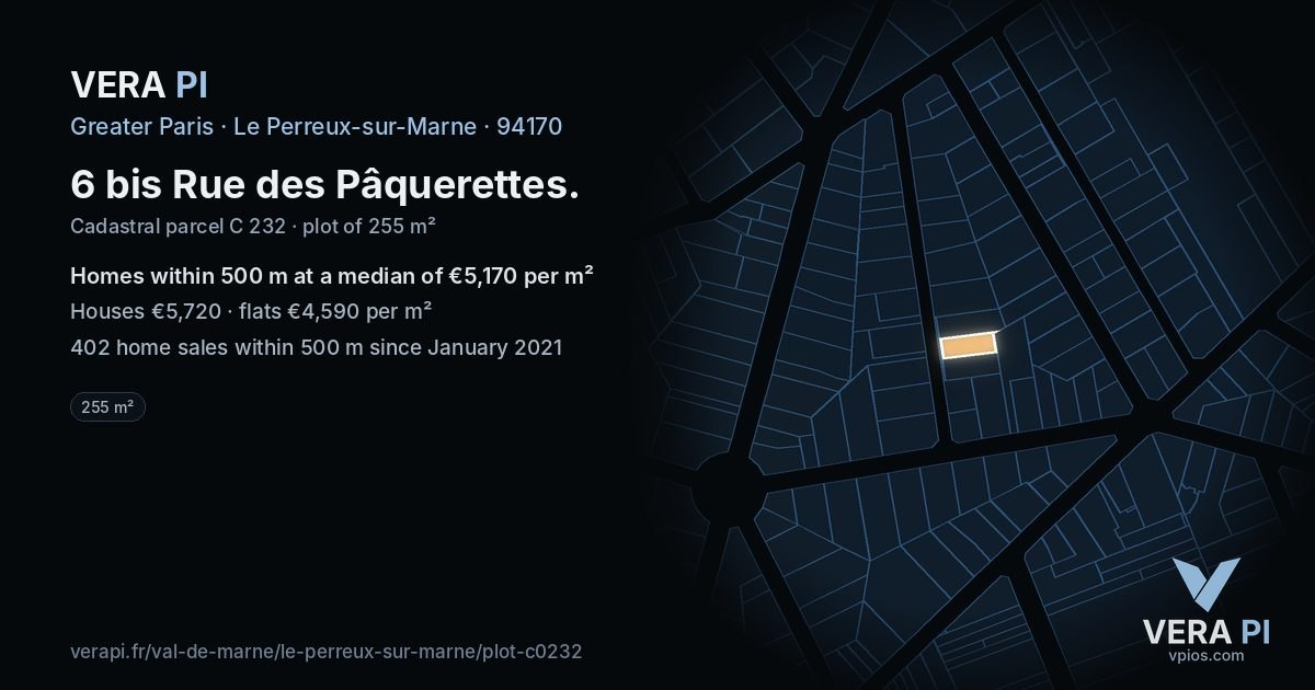 6 bis Rue des Pâquerettes, Le Perreux-sur-Marne at night – the plot lit, the parcels around coloured by the prices near them