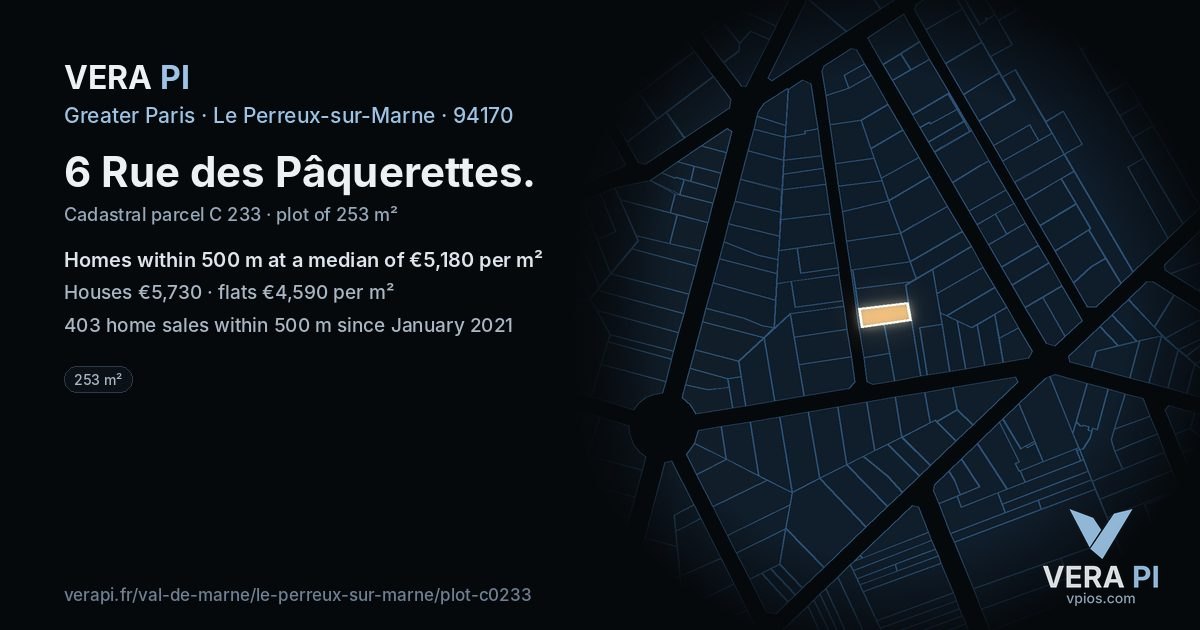 6 Rue des Pâquerettes, Le Perreux-sur-Marne at night – the plot lit, the parcels around coloured by the prices near them