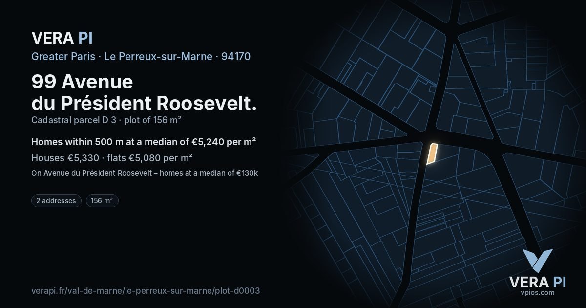 99 Avenue du Président Roosevelt, Le Perreux-sur-Marne at night – the plot lit, the parcels around coloured by the prices near them