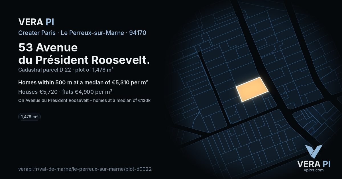 53 Avenue du Président Roosevelt, Le Perreux-sur-Marne at night – the plot lit, the parcels around coloured by the prices near them