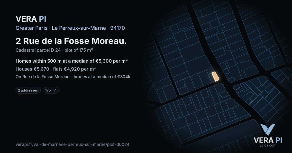 2 Rue de la Fosse Moreau, Le Perreux-sur-Marne at night – the plot lit, the parcels around coloured by the prices near them