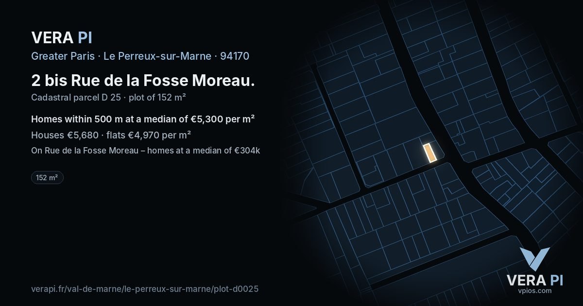 2 bis Rue de la Fosse Moreau, Le Perreux-sur-Marne at night – the plot lit, the parcels around coloured by the prices near them