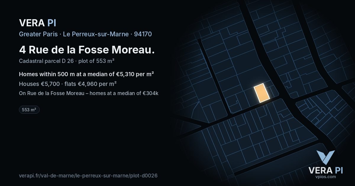 4 Rue de la Fosse Moreau, Le Perreux-sur-Marne at night – the plot lit, the parcels around coloured by the prices near them