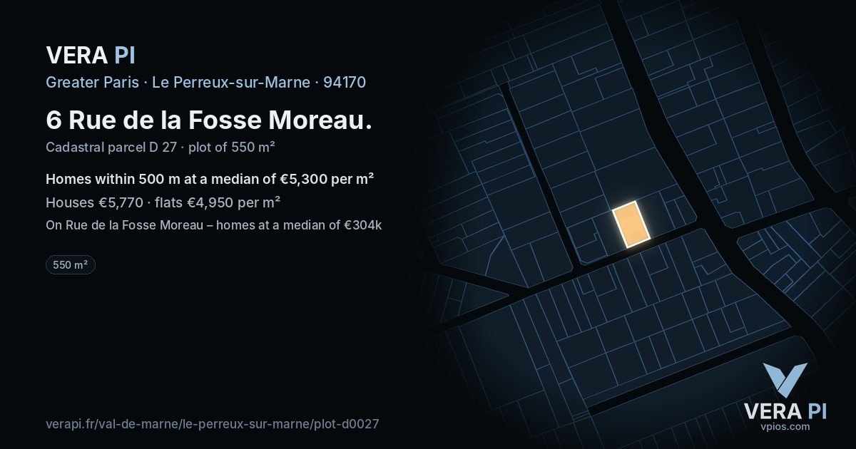 6 Rue de la Fosse Moreau, Le Perreux-sur-Marne at night – the plot lit, the parcels around coloured by the prices near them