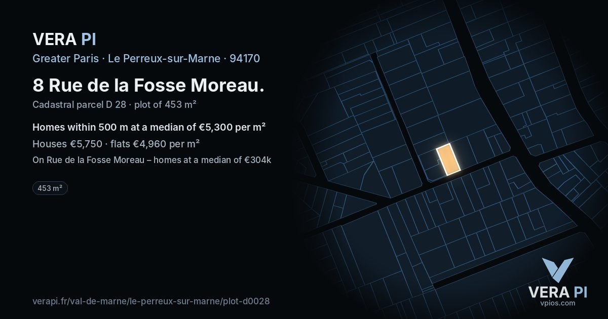 8 Rue de la Fosse Moreau, Le Perreux-sur-Marne at night – the plot lit, the parcels around coloured by the prices near them