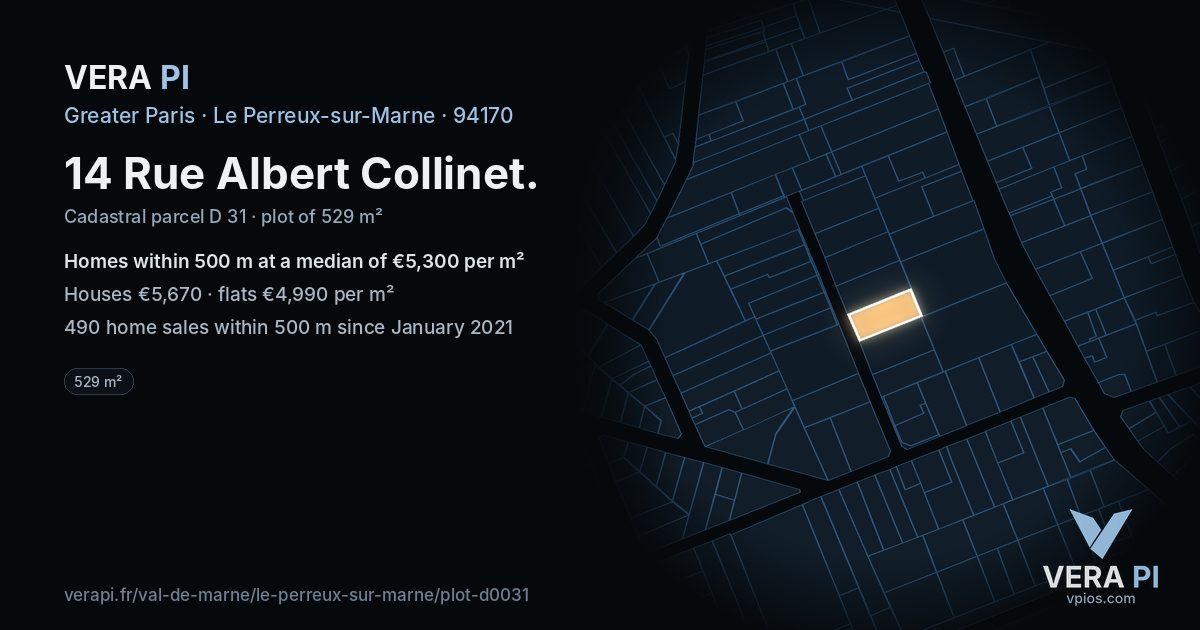 14 Rue Albert Collinet, Le Perreux-sur-Marne at night – the plot lit, the parcels around coloured by the prices near them