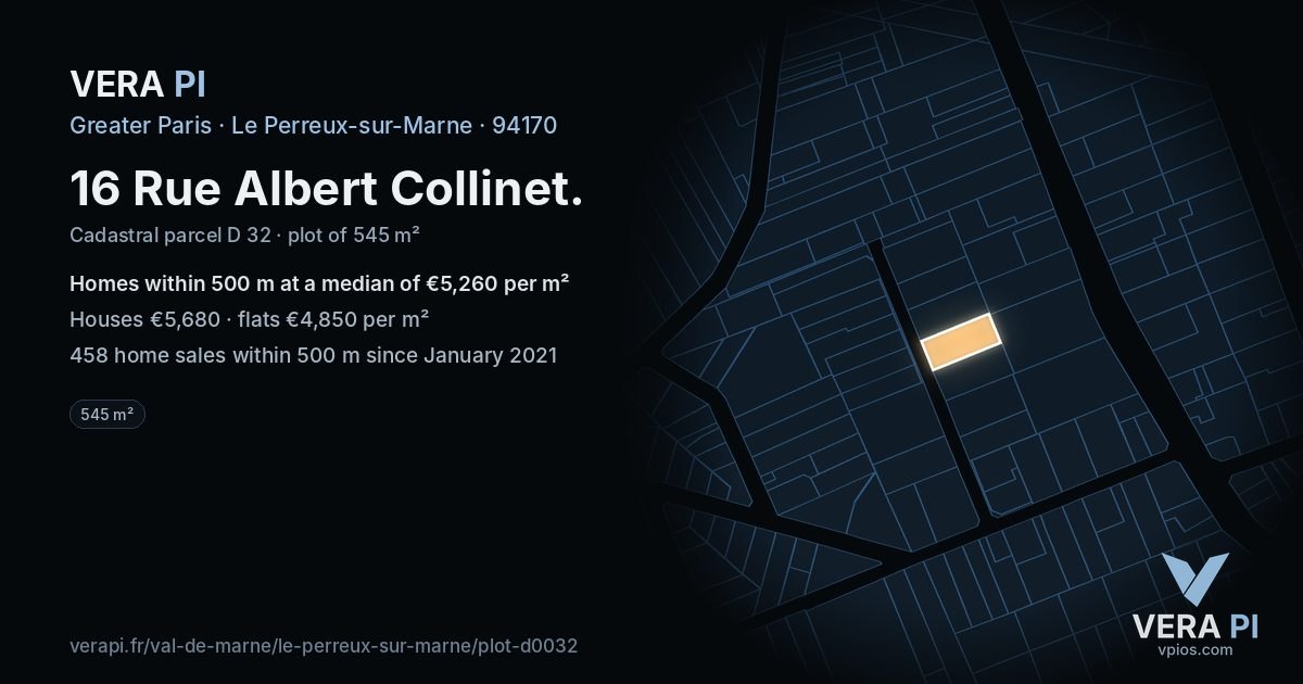 16 Rue Albert Collinet, Le Perreux-sur-Marne at night – the plot lit, the parcels around coloured by the prices near them
