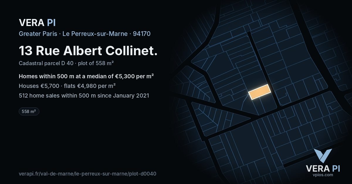 13 Rue Albert Collinet, Le Perreux-sur-Marne at night – the plot lit, the parcels around coloured by the prices near them