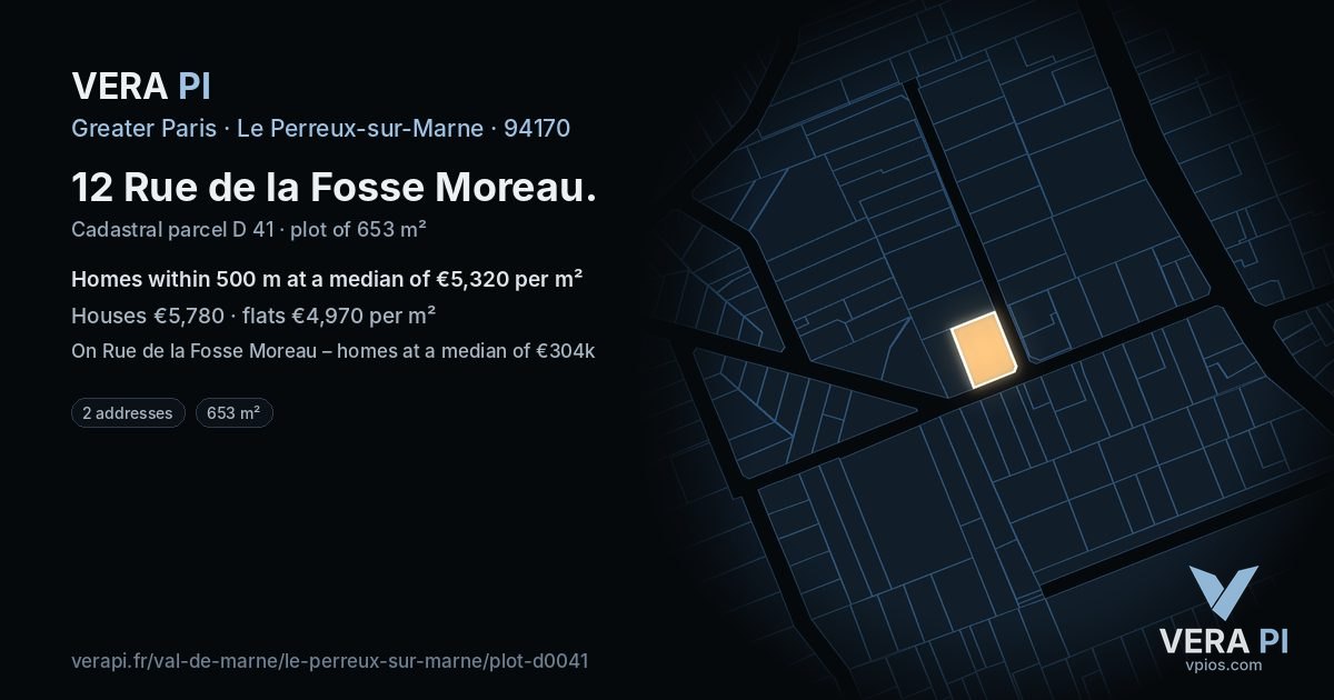 12 Rue de la Fosse Moreau, Le Perreux-sur-Marne at night – the plot lit, the parcels around coloured by the prices near them