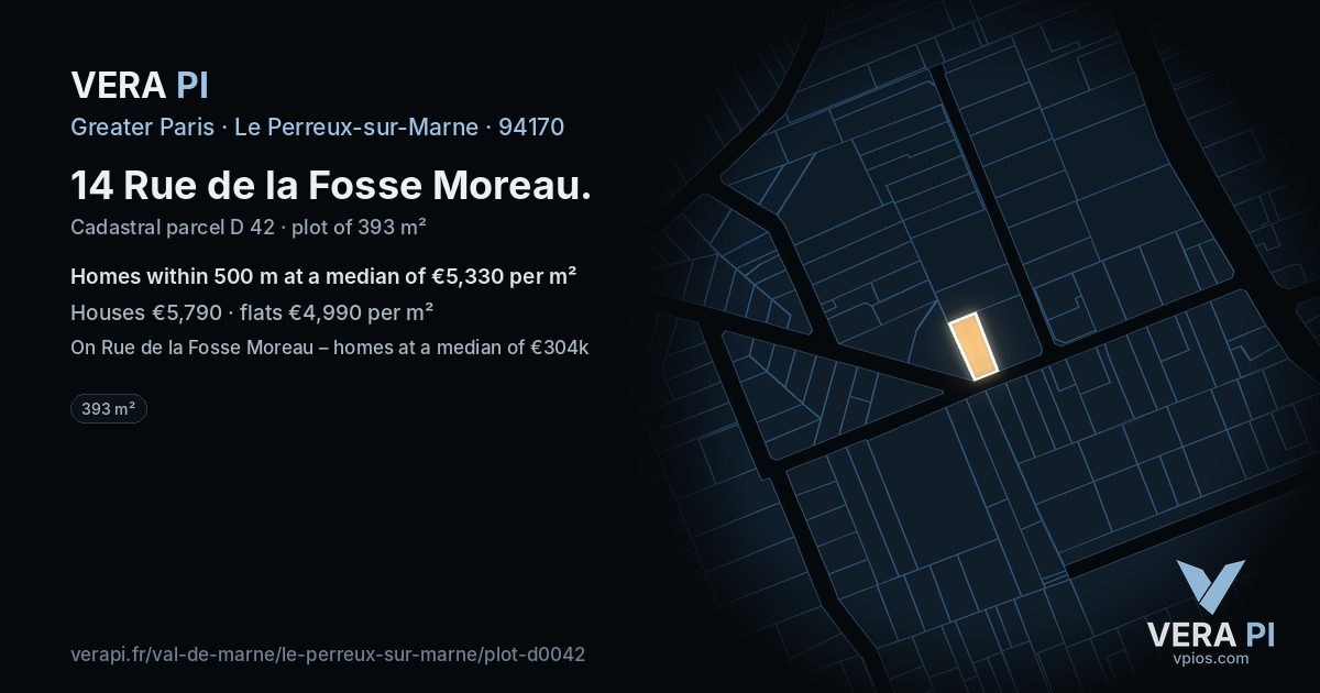 14 Rue de la Fosse Moreau, Le Perreux-sur-Marne at night – the plot lit, the parcels around coloured by the prices near them