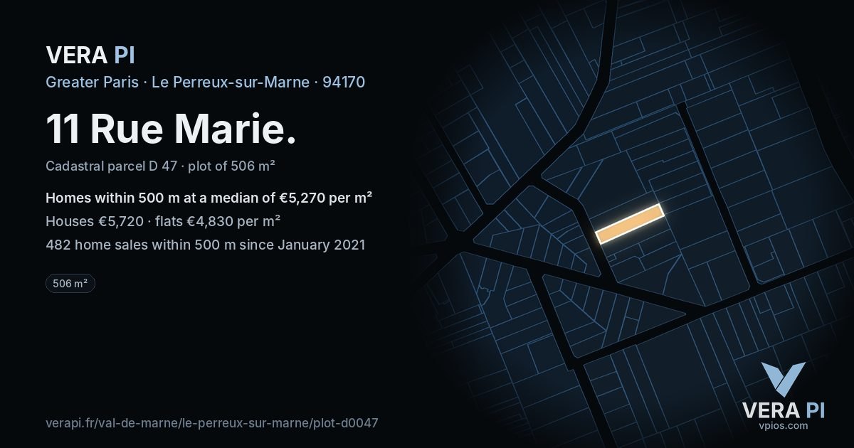 11 Rue Marie, Le Perreux-sur-Marne at night – the plot lit, the parcels around coloured by the prices near them