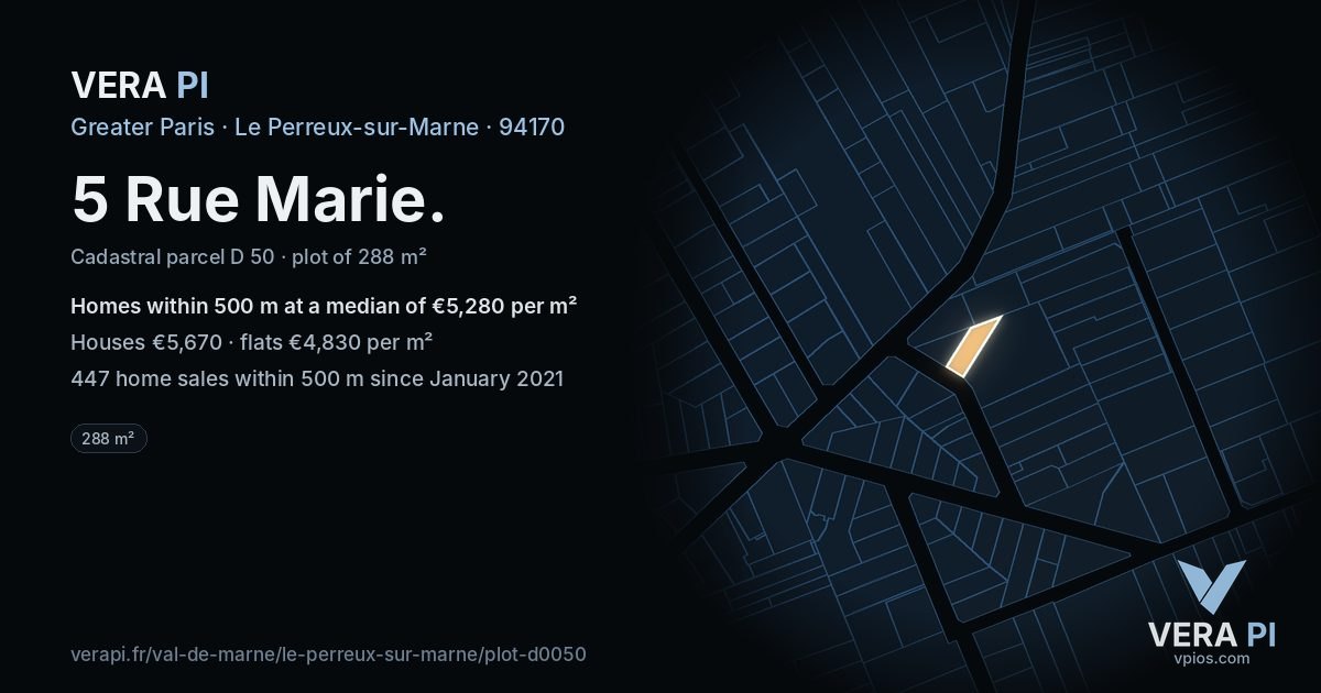 5 Rue Marie, Le Perreux-sur-Marne at night – the plot lit, the parcels around coloured by the prices near them