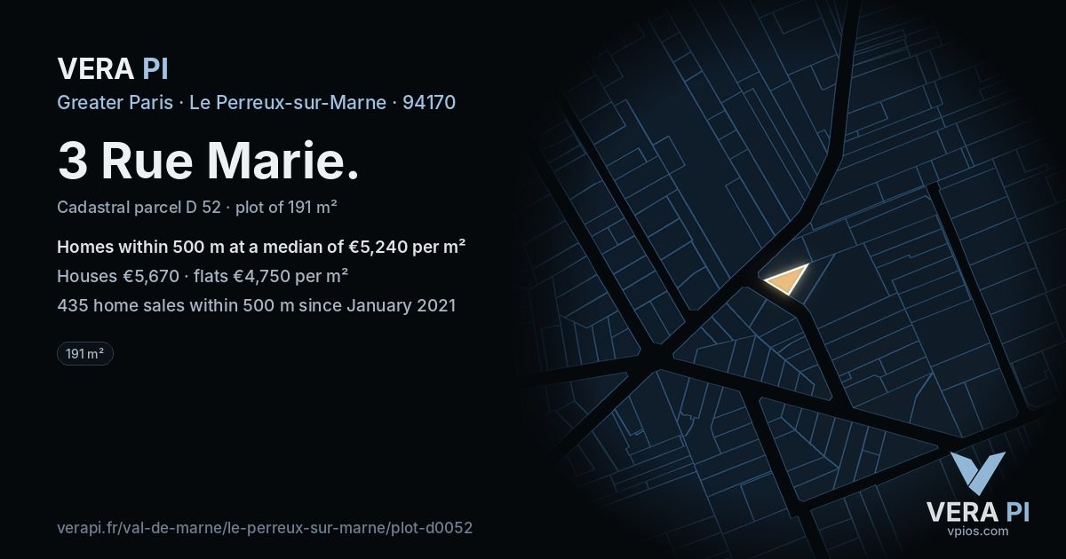 3 Rue Marie, Le Perreux-sur-Marne at night – the plot lit, the parcels around coloured by the prices near them