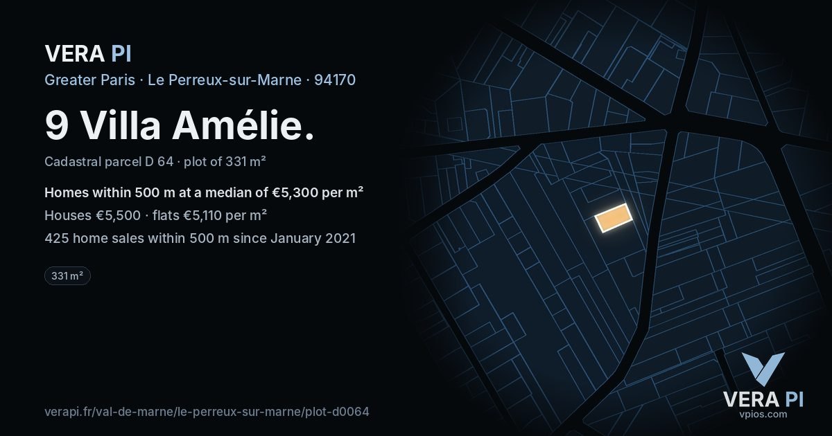 9 Villa Amélie, Le Perreux-sur-Marne at night – the plot lit, the parcels around coloured by the prices near them