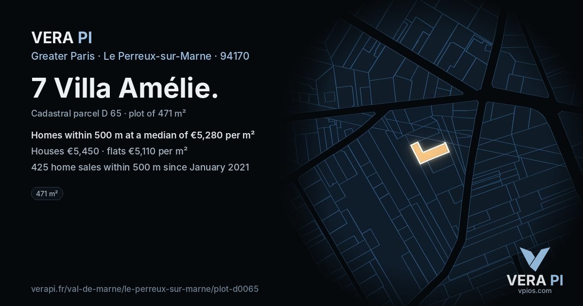 7 Villa Amélie, Le Perreux-sur-Marne at night – the plot lit, the parcels around coloured by the prices near them