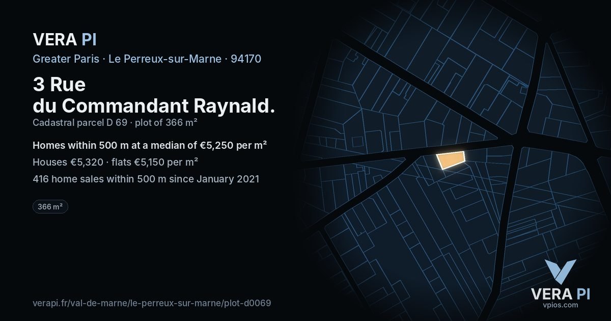 3 Rue du Commandant Raynald, Le Perreux-sur-Marne at night – the plot lit, the parcels around coloured by the prices near them