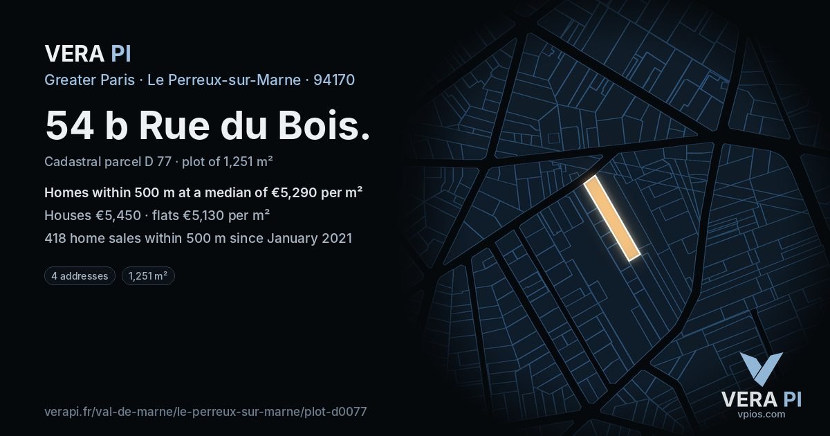 54 b Rue du Bois, Le Perreux-sur-Marne at night – the plot lit, the parcels around coloured by the prices near them