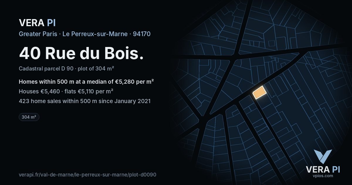 40 Rue du Bois, Le Perreux-sur-Marne at night – the plot lit, the parcels around coloured by the prices near them