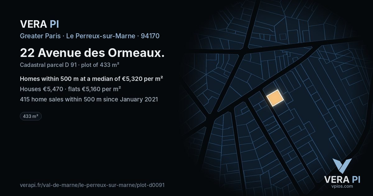 22 Avenue des Ormeaux, Le Perreux-sur-Marne at night – the plot lit, the parcels around coloured by the prices near them