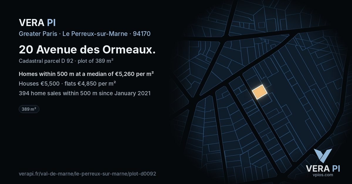 20 Avenue des Ormeaux, Le Perreux-sur-Marne at night – the plot lit, the parcels around coloured by the prices near them