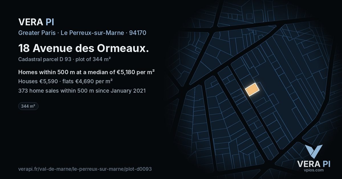 18 Avenue des Ormeaux, Le Perreux-sur-Marne at night – the plot lit, the parcels around coloured by the prices near them