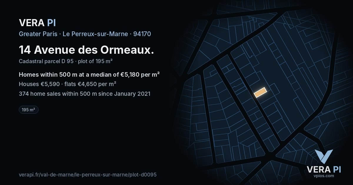 14 Avenue des Ormeaux, Le Perreux-sur-Marne at night – the plot lit, the parcels around coloured by the prices near them