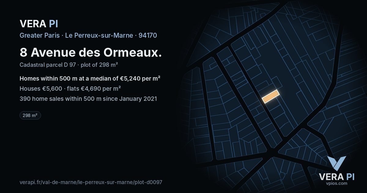 8 Avenue des Ormeaux, Le Perreux-sur-Marne at night – the plot lit, the parcels around coloured by the prices near them